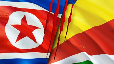 Kuzey Kore ve Seyşeller yara izi olan bayraklar. Dalgalanan bayrak, 3 boyutlu görüntüleme. Kuzey Kore ve Seyşeller çatışma konsepti. Kuzey Kore Seyşeller ilişkileri kavramı. Kuzey Kore bayrağı