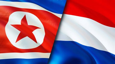 Kuzey Kore ve Hollanda bayrakları. 3 boyutlu dalgalanan bayrak tasarımı. Kuzey Kore Hollanda bayrağı, resim, duvar kağıdı. Kuzey Kore, Hollanda 'ya karşı. Görüntü 3D. Kuzey Kore Hollanda ilişkileri ittifak
