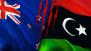 Yara izi olan Yeni Zelanda ve Libya bayrakları. 3D bayrak sallama. Yeni Zelanda ve Libya çatışma konsepti. Yeni Zelanda Libya ilişkileri kavramı. Yeni Zelanda bayrağı ve Libya krizi, savaş, attac