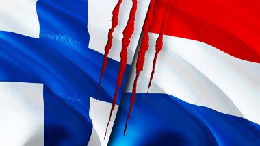Finlandiya ve Hollanda yara izi kavramına sahip bayraklar. Dalgalanan bayrak, 3 boyutlu görüntüleme. Finlandiya ve Hollanda ihtilaf kavramı. Finlandiya-Hollanda ilişkileri kavramı. Finlandiya ve Hollanda bayrağı