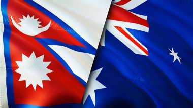 Nepal ve Avustralya bayrakları. 3 boyutlu dalgalanan bayrak tasarımı. Nepal Avustralya bayrağı, resim, duvar kağıdı. Nepal, Avustralya 'ya karşı. Görüntü 3 boyutlu. Nepal Avustralya ilişkileri ittifak ve ticaret, seyahat, turizm konsepti