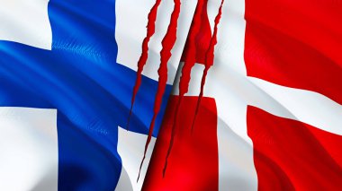 Finlandiya ve Danimarka yara izi kavramına sahip bayraklar. Dalgalanan bayrak, 3 boyutlu görüntüleme. Finlandiya ve Danimarka çatışma konsepti. Finlandiya Danimarka ilişkileri kavramı. Finlandiya bayrağı ve Danimarka krizi, savaş, saldırı konsepti