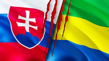 Slovakya ve Gabon yara izi olan bayraklar. Dalgalanan bayrak, 3 boyutlu görüntüleme. Slovakya ve Gabon çatışma konsepti. Slovakya Gabon ilişkileri kavramı. Slovakya ve Gabon bayrağı krizi, savaş, saldırı konsepti