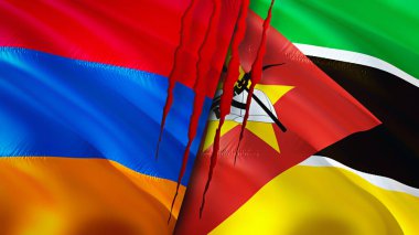 Yara izi olan Ermenistan ve Mozambik bayrakları. Dalgalanan bayrak, 3 boyutlu görüntüleme. Ermenistan ve Mozambik çatışma konsepti. Ermenistan Mozambik ilişkileri kavramı. Ermenistan bayrağı ve Mozambik krizi, savaş