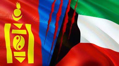 Yara izi olan Moğolistan ve Kuveyt bayrakları. Dalgalanan bayrak, 3 boyutlu görüntüleme. Moğolistan ve Kuveyt çatışma konsepti. Moğolistan Kuveyt ilişkileri kavramı. Moğolistan bayrağı ve Kuveyt krizi, savaş, saldırı konsepti