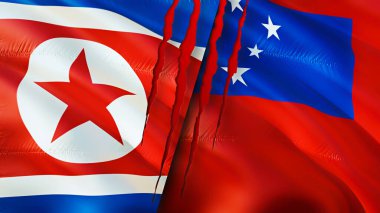 Yara izi olan Kuzey Kore ve ABD Samoası. Dalgalanan bayrak, 3 boyutlu görüntüleme. Kuzey Kore ve ABD çatışma konsepti. Kuzey Kore ABD ilişkileri kavramı. Kuzey Kore bayrağı ve ABD krizi, savaş, saldırı konsepti