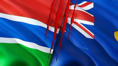 Gambiya ve Saint Helena bayrakları yara izi konseptiyle. Dalgalanan bayrak, 3 boyutlu görüntüleme. Gambiya ve Saint Helena çatışma konsepti. Gambiya Saint Helena ilişkileri kavramı. Gambiya bayrağı ve Aziz Helen