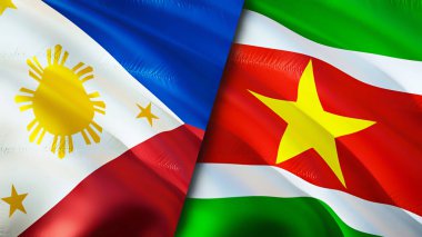 Filipinler ve Surinam bayrakları. 3 boyutlu dalgalanan bayrak tasarımı. Filipinler Surinam bayrağı, resim, duvar kağıdı. Filipinler Surinam 'a karşı, görüntü 3 boyutlu. Filipinler Surinam ilişkileri ittifakı