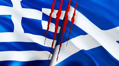 Yara izi olan Yunanistan ve İskoçya bayrakları. Dalgalanan bayrak, 3 boyutlu görüntüleme. Yunanistan ve İskoçya çatışma konsepti. Yunanistan İskoçya ilişkileri kavramı. Yunanistan bayrağı ve İskoçya krizi, savaş, saldırı konsepti