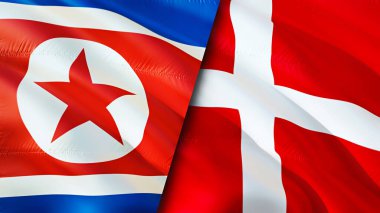 Kuzey Kore ve Danimarka bayrakları. 3 boyutlu dalgalanan bayrak tasarımı. Kuzey Kore bayrağı, resim, duvar kağıdı. Kuzey Kore, Danimarka imajına karşı, 3D görüntüleme. Kuzey Kore Danimarka ilişkileri bir ittifak