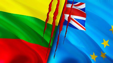 Yara izi olan Litvanya ve Tuvalu bayrakları. Dalgalanan bayrak, 3 boyutlu görüntüleme. Litvanya ve Tuvalu çatışma konsepti. Litvanya Tuvalu ilişkileri kavramı. Litvanya bayrağı ve Tuvalu krizi, savaş, attac