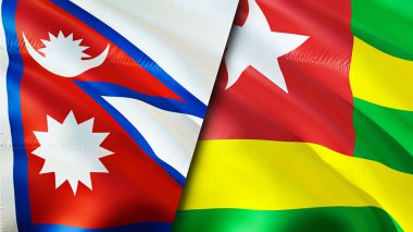 Nepal ve Togo bayrakları. 3 boyutlu dalgalanan bayrak tasarımı. Nepal Togo bayrağı, resim, duvar kağıdı. Nepal, Togo 'ya Karşı görüntüsü, 3D görüntüleme. Nepal Togo ilişkileri ittifak ve ticaret, seyahat, turizm konsepti
