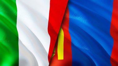 İtalya ve Moğolistan bayrakları. 3 boyutlu dalgalanan bayrak tasarımı. İtalya Moğolistan bayrağı, resim, duvar kağıdı. İtalya, Moğolistan 'a karşı, görüntü 3 boyutlu. İtalya Moğolistan ilişkileri ittifak ve ticaret, seyahat, turizm konsepti