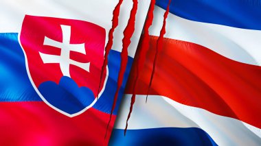 Yara izi olan Slovakya ve Kosta Rika bayrakları. Dalgalanan bayrak, 3 boyutlu görüntüleme. Slovakya ve Kosta Rika çatışma konsepti. Slovakya Kosta Rika ilişkileri kavramı. Slovakya ve Kosta Rika bayrağı