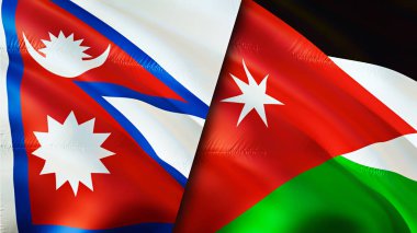 Nepal ve Ürdün bayrakları. 3 boyutlu dalgalanan bayrak tasarımı. Nepal Jordan bayrağı, resim, duvar kağıdı. Nepal, Jordan 'a karşı, görüntü 3 boyutlu. Nepal Jordan ilişkileri ittifak ve ticaret, seyahat, turizm konsepti