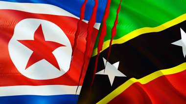 Kuzey Kore, Saint Kitts ve yara izi olan Nevis bayrakları. Dalgalanan bayrak, 3 boyutlu görüntüleme. Kuzey Kore ve Saint Kitts ve Nevis çatışma konsepti. Kuzey Kore Saint Kitts ve Nevis ilişkileri kavramı