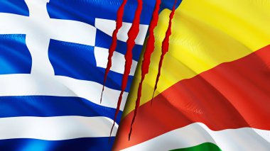 Yunanistan ve Seyşeller yara izi olan bayraklar. Dalgalanan bayrak, 3 boyutlu görüntüleme. Yunanistan ve Seyşeller çatışma konsepti. Yunanistan Seyşeller ilişkileri kavramı. Yunanistan ve Seyşeller bayrağı krizi, savaş, attac