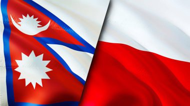 Nepal ve Polonya bayrakları. 3 boyutlu dalgalanan bayrak tasarımı. Nepal Polonya bayrağı, resim, duvar kağıdı. Nepal, Polonya 'ya karşı. Görüntü 3 boyutlu. Nepal Polonya ilişkileri ittifak ve ticaret, seyahat, turizm konsepti