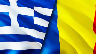 Yunanistan ve Romanya bayrakları. 3 boyutlu dalgalanan bayrak tasarımı. Yunanistan Romanya bayrağı, resim, duvar kağıdı. Yunanistan, Romanya 'ya karşı imaj, 3D görüntüleme. Yunanistan ile ilişkileri ittifak ve Ticaret, seyahat ve turizm kavramları