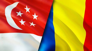Singapur ve Romanya bayrakları. 3 boyutlu dalgalanan bayrak tasarımı. Singapur Romanya bayrağı, resim, duvar kağıdı. Singapur Romanya 'ya karşı, görüntü 3D. Singapur Romanya ilişkileri ittifak ve Ticaret, seyahat, turnuva