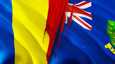 Romanya ve Britanya Virjin Adaları yara izi kavramına sahip bayraklar. Dalgalanan bayrak, 3 boyutlu görüntüleme. Romanya ve Britanya Virjin Adaları çatışma konsepti. Romanya İngiliz Virjin Adaları ilişkileri kavramı. bayrak o