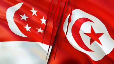 Yara izi olan Singapur ve Tunus bayrakları. Dalgalanan bayrak, 3 boyutlu görüntüleme. Singapur ve Tunus çatışma konsepti. Singapur Tunus ilişkileri kavramı. Singapur bayrağı ve Tunus krizi, savaş, attac