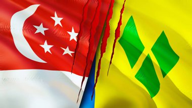 Singapur, Saint Vincent ve yara izi olan Grenadine bayrakları. Dalgalanan bayrak, 3 boyutlu görüntüleme. Singapur ve Saint Vincent ve Grenadine çatışması konsepti. Singapur Saint Vincent ve...