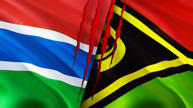 Gambiya ve Vanuatu bayraklarında yara izi var. Dalgalanan bayrak, 3 boyutlu görüntüleme. Gambiya ve Vanuatu çatışma konsepti. Gambia Vanuatu ilişkileri kavramı. Gambiya bayrağı ve Vanuatu krizi, savaş, saldırı konsepti