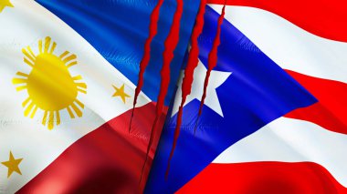 Filipinler ve Porto Riko bayrakları ve yara izi konsepti. Dalgalanan bayrak, 3 boyutlu görüntüleme. Filipinler ve Porto Riko çatışma konsepti. Filipinler, Porto Riko ilişkileri kavramı. Filipinler ve Puert bayrağı