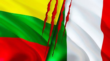 Yara izi olan Litvanya ve İtalya bayrakları. Dalgalanan bayrak, 3 boyutlu görüntüleme. Litvanya ve İtalya çatışma konsepti. Litvanya İtalya ilişkileri kavramı. Litvanya ve İtalya bayrağı kriz, savaş, saldırı konsepti