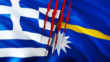 Yunanistan ve Nauru yara izi kavramına sahip bayraklar. Dalgalanan bayrak, 3 boyutlu görüntüleme. Yunanistan ve Nauru çatışma konsepti. Yunanistan Nauru ilişkileri kavramı. Yunanistan bayrağı ve Nauru krizi, savaş, saldırı konsepti