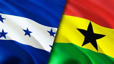 Honduras ve Gana bayrakları. 3 boyutlu dalgalanan bayrak tasarımı. Honduras Gana bayrağı, resim, duvar kağıdı. Honduras, Gana 'ya karşı, görüntü 3 boyutlu. Honduras Gana ilişkileri ittifak ve ticaret, seyahat, turizm konsepti