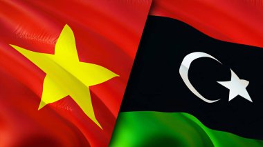 Vietnam ve Libya bayrakları yara izi konseptiyle. Dalgalanan bayrak, 3 boyutlu görüntüleme. Vietnam ve Libya çatışma konsepti. Vietnam Libya ilişkileri kavramı. Vietnam bayrağı ve Libya krizi, savaş, saldırı konsepti