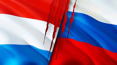 Lüksemburg ve Rusya yara izi olan bayraklar. Dalgalanan bayrak, 3 boyutlu görüntüleme. Lüksemburg ve Rusya çatışma konsepti. Lüksemburg Rusya ilişkileri kavramı. Lüksemburg bayrağı ve Rusya krizi, savaş, attac