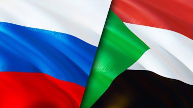 Rusya ve Sudan bayrakları. 3 boyutlu dalgalanan bayrak tasarımı. Rusya Sudan bayrağı, resim, duvar kağıdı. Rusya Sudan 'a karşı, görüntü 3 boyutlu. Rusya Sudan ilişkileri ittifak ve ticaret, seyahat, turizm konsepti