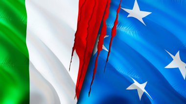 İtalya ve Mikronezya yara izi olan bayraklar. Dalgalanan bayrak, 3 boyutlu görüntüleme. İtalya ve Mikronezya çatışma konsepti. İtalya Mikronezya ilişkileri kavramı. İtalya bayrağı ve Mikronezya krizi, savaş, attac