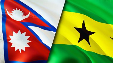 Nepal ve Sao Tome ve Principe bayrakları. 3 boyutlu dalgalanan bayrak tasarımı. Nepal Sao Tome ve Principe bayrağı, resim, duvar kağıdı. Nepal, Sao Tome ve Principe 'ye karşı, görüntü 3 boyutlu. Nepal Sao Tome ve Princip