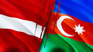 Letonya ve Azerbaycan yara izi olan bayraklar. Dalgalanan bayrak, 3 boyutlu görüntüleme. Letonya ve Azerbaycan çatışma konsepti. Letonya Azerbaycan ilişkileri kavramı. Letonya ve Azerbaycan krizi, savaş, attac bayrağı