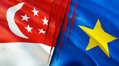 Singapur ve DR Kongo bayraklarında yara izi var. Dalgalanan bayrak, 3 boyutlu görüntüleme. Singapur ve DR Kongo çatışma konsepti. Singapur DR Kongo ilişkileri kavramı. Singapur bayrağı ve DR Kongo krizi, savaş