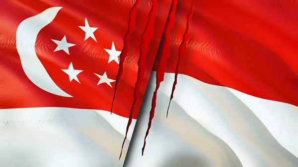 Bandeiras Singapura Indonésia Com Conceito Cicatriz Bandeira Ondulada Renderização Conceito — Fotografia de Stock