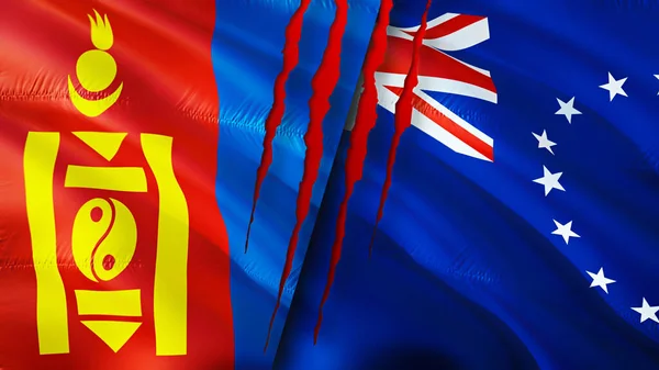 Mongolia and Cook Islands flags with scar concept. Waving flag,3D rendering. Mongolia and Cook Islands conflict concept. Mongolia Cook Islands relations concept. flag of Mongolia and Cook Island