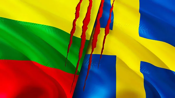 Lithuania and Sweden flags with scar concept. Waving flag,3D rendering. Lithuania and Sweden conflict concept. Lithuania Sweden relations concept. flag of Lithuania and Sweden crisis,war, attac