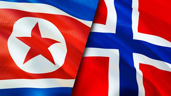 North Korea and Norway flags. 3D Waving flag design. North Korea Norway flag, picture, wallpaper. North Korea vs Norway image,3D rendering. North Korea Norway relations alliance an