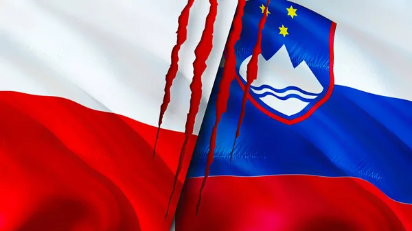 Poland and Slovenia flags with scar concept. Waving flag,3D rendering. Poland and Slovenia conflict concept. Poland Slovenia relations concept. flag of Poland and Slovenia crisis,war, attack concep