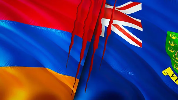 具有疤痕概念的亚美尼亚和英属维尔京群岛国旗 飘扬的旗帜 3D渲染 亚美尼亚和英属维尔京群岛冲突概念 亚美尼亚英属维尔京群岛关系概念 — 图库照片