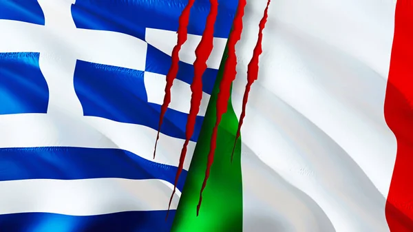 Greece and Italy flags with scar concept. Waving flag,3D rendering. Greece and Italy conflict concept. Greece Italy relations concept. flag of Greece and Italy crisis,war, attack concep