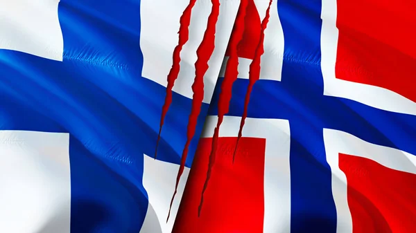 Finland and Norway flags with scar concept. Waving flag,3D rendering. Finland and Norway conflict concept. Finland Norway relations concept. flag of Finland and Norway crisis,war, attack concep