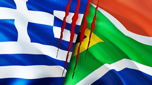 Bandeiras Grécia África Sul Com Conceito Cicatriz Bandeira Ondulada Renderização — Fotografia de Stock