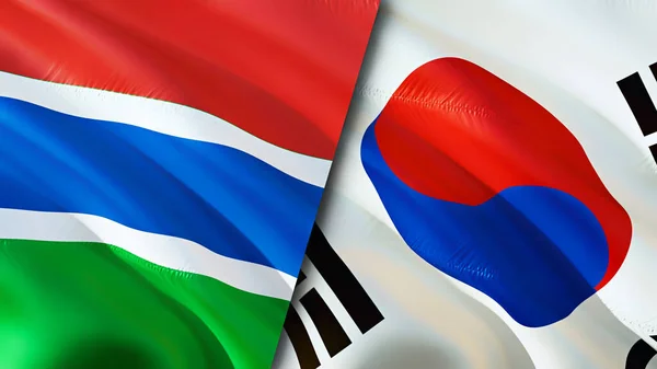 Gambia and South Korea flags. 3D Waving flag design. Gambia South Korea flag, picture, wallpaper. Gambia vs South Korea image,3D rendering. Gambia South Korea relations alliance an