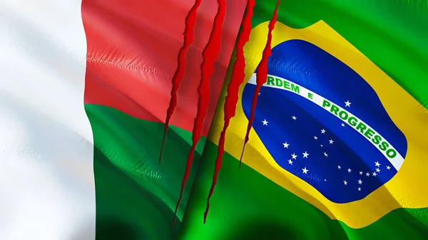 Madagascar and Brazil flags with scar concept. Waving flag,3D rendering. Madagascar and Brazil conflict concept. Madagascar Brazil relations concept. flag of Madagascar and Brazil crisis,war, attac